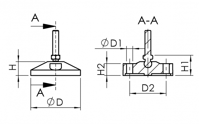 Schwenkbarer Gelenkfuß mit Gewindestange und Kugelkopf, zum Ausgleich von Bodenunebenheiten Gelenkfuß Stellfuß Kugelkopf 1110K030SW01 1110K040SW01 1110K050SW01 1110K060SW01 1110K080SW01 1110K080SW02 1110K100SW02