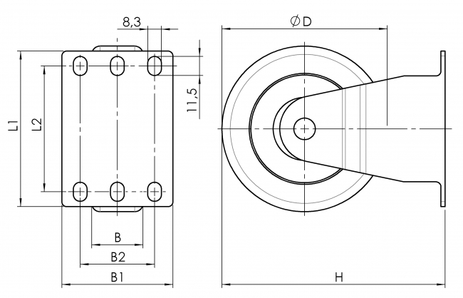 Bockrolle, Rolle, Rollen, Laufrolle, Laufrollen, Rad, Räder, Reifen, starr, 1310 K 050 GR 01, 1310 K 075 GR 01, 1310 K 100 GR 01, 1310 K 125 GR 01