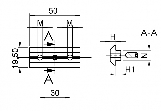 Nutenstein 2-fach mit Führung Nut 10 M6 M5 Nutenstein, 2-fach, Nut 10, mm, M6, Schraube, Gewindestift M5 x 12, mit Führung, DIN 914