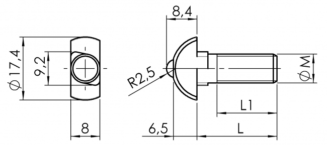 Hammerschraube Nut 8 mit Kugel Edelstahl