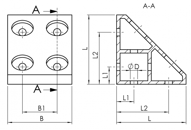 Eckwinkel gezogen 2N, schwer Eckwinkel, gezogen, 2N, Schwerlastwinkel, Nut 10, Aluminium, Alu, ESD, 4020 A 7480 EL 01, 4020 A 8490 EL 01
