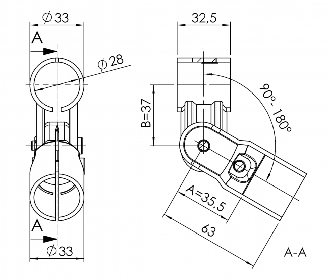 Gelenkverbinder 1-fach Gelenkverbinder 1-fach, Rohrprofilsystem, Rohrverbinder, Rohr Verbinder, Rohr, Verbinder, 5023 S 001 SW 01