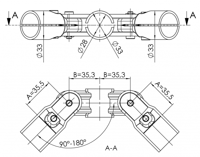 Gelenkverbinder 2-fach Rohrprofilsystem, Rohrverbinder, Rohr Verbinder, Rohr, Verbinder, 5024 S 001 SW 01