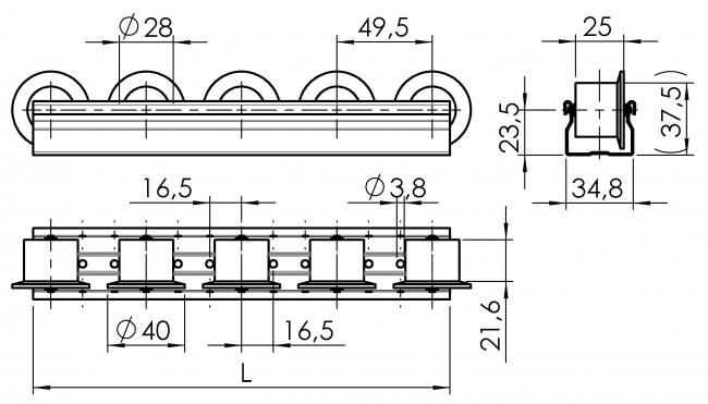Röllchenleiste D 28 geführt Röllchenleiste D28 geführt, Rollen, Bundrollen, Rollenschiene, Rollenleiste, Rollenstab, Zubehör, 6320 K 028F GE 01