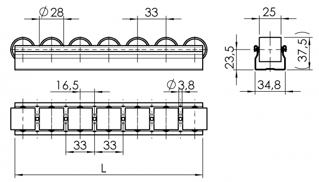 Röllchenleiste, Röllchenleiste D28, Rollen, Bundrollen, Rollenschiene, Rollenleiste, Rollenstab, Zubehör, 5051 K 028 GE 01